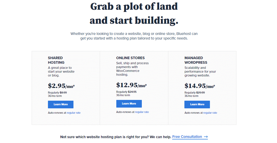 bluehost price and plan