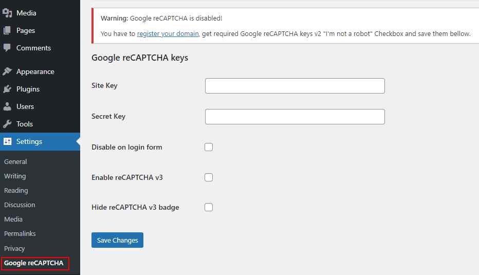 recaptcha setting