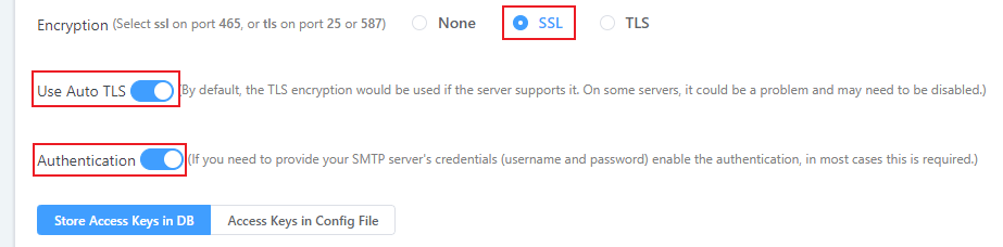 select SSL Use Auto TLS and Authentication toggle buttons