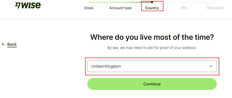 Select country in wise account