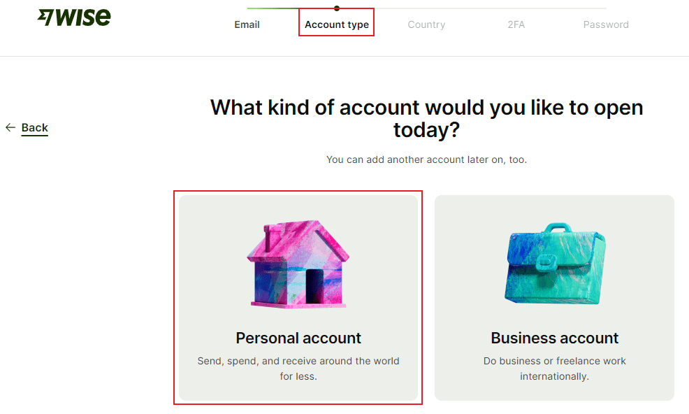 Select personal in wise account type