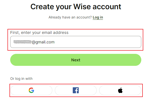 create wise account with email or social accounts 1
